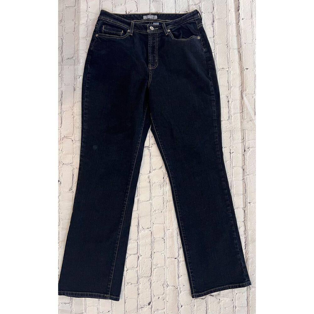 Chico's Platinum Women's Size 12 Flare Jeans Solid Dark Blue Wash Cotton Denim